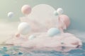 3d render of pastel ball, soaps bubbles, blobs that floating on the air with fluffy clouds and ocean. Romance land of dream scene