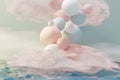 3d render of pastel ball, soaps bubbles, blobs that floating on the air with fluffy clouds and ocean. Romance land of dream scene