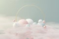 3d render of pastel ball, soaps bubbles, blobs that floating on the air with fluffy clouds and ocean. Romance land of dream scene