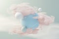 3d render of pastel ball, soaps bubbles, blobs that floating on the air with fluffy clouds and ocean. Romance land of dream scene