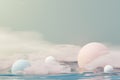 3d render of pastel ball, soaps bubbles, blobs that floating on the air with fluffy clouds and ocean. Romance land of dream scene