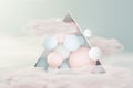 3d render of pastel ball, soaps bubbles, blobs that floating on the air with fluffy clouds and ocean. Romance land of dream scene