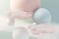 3d render of pastel ball, soaps bubbles, blobs that floating on the air with fluffy clouds and ocean. Romance land of dream scene