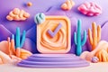 3D Render Pastel Cactus Landscape with Checkmark App Icon on Platform Royalty Free Stock Photo