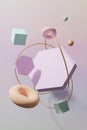 3d render pastel colored geometric schapes with golden rings Royalty Free Stock Photo