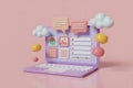 3D Render of a Pastel Laptop with Interactive Elements and Clouds Royalty Free Stock Photo