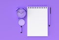 3D Render Pen and Notepad with Alram Clock on the Pastel Purple Background Royalty Free Stock Photo