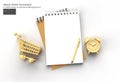 3D Render Pen and Notepad with Alram Clock and Shopping Cart Pen Tool Created Clipping Path Included in JPEG Easy to Composite