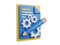 3d render of pencil and gears on notepad isolated on white background Royalty Free Stock Photo