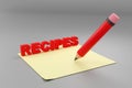3d render pencil writing on a note with text saying recipe