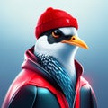 3d render of penguin in a red cap on a blue background AI Generated