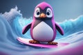 3d render of a penguin on a surfboard.