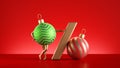 3d render, percent symbol, seasonal sale concept, Christmas character glass green ball ornament with golden legs, isolated on red