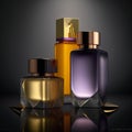 3d render of perfume bottles with reflection on a dark background.