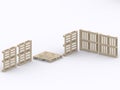 3D Render perspective view of set of wooden pallets in different positions on white background