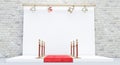 Photography studio with red carpet and barrier, photo studio with lighting equipment