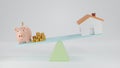 3d Render Piggy bank balance between house for finance concept. Compare piggy bank and house on the seesaw. Save money for