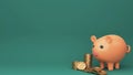 3D Render Piggy Bank With Stack Of Dollar Coins On Teal Green