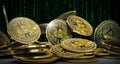 3D render of a pile of Bitcoins with green codes in the background