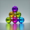 3d render, pile of colorful pink violet yellow green blue metallic balls isolated on silver background. Glossy chrome spheres.