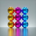 3d render, pile of colorful yellow pink blue metallic balls isolated on silver background. Glossy chrome spheres.