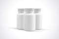 3d render of pills or supplements white plastic bottles