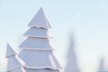 3d render. Pine trees covered with snow while snowflakes falling. Winter scene with copyspace