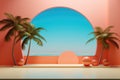 3d render of a pink and blue stage with palm trees and a large window looking out onto the ocean Royalty Free Stock Photo