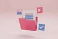 3D Render of a Pink Folder with Digital Icons on a Pastel Background Royalty Free Stock Photo