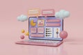 3D Render of a Pink Laptop with Colorful UI Elements and Floating Objects Royalty Free Stock Photo