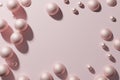 3d render pink matte metallic spheres and pearles frame on a light pastel pink background