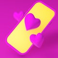 3d render. Pink phone and like heart icons on pink background