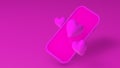 3d render. Pink phone and like heart icons on pink background