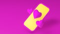 3d render. Pink phone and like heart icons on pink background