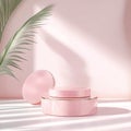 3d render of pink podium for product presentation with palm leaf shadow Royalty Free Stock Photo