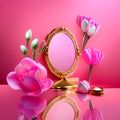 3d render of pink tulips and golden mirror on pink background AI generated