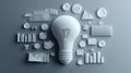 3D Render of Pixelated White Light Bulb Surrounded by Business Charts and Graphs on a Gray Background Representing Ideas and Data Royalty Free Stock Photo