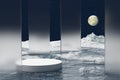 3D render Platform natural podium background on sea with ice snow mountain, wall glass and moon at night for product  stand Royalty Free Stock Photo