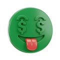 3D Render of a Playful Green Emoji with Dollar Sign Eyes and Tongue Out Illustrating Wealth and Fun