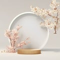 3d render, podium for product presentation with cherry blossom branches