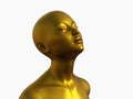 3D render portrait of a gold bald woman on a white background.