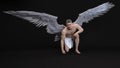 3D Render : The portrait of male angel kneel down with the black background