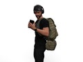 3D Render : The portrait of male traveler with the backpack on his back