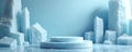 3D render of product display podium surrounded by ice cubes, formations against light blue backdrop. Cool, abstract scene uses Royalty Free Stock Photo