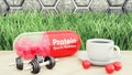 3d illustration of Protein pill with granules over white background. Sport supplements concept