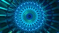 3D render of psychedelic metallic abstract mandala symmetrical shape of a fractal. Razor sharp edges with glowing blue light. Royalty Free Stock Photo