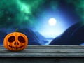 3D pumpkin on a wooden table against a defocussed spooky landscape Royalty Free Stock Photo
