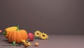 3D Render Of Pumpkins With Sunflowers, Toadstool, Pine Cone, Ground Cherry Against Background And Copy Royalty Free Stock Photo