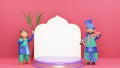 3D Render Of Punjabi Man Playing Sapp Instrument With Woman Doing Bhangra, Sugarcane On Pink Background And Space For Text Or