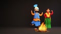3D Render Of Punjabi Young Couple Doing Bhangra Dance And Lohri Festival Element On Black Background With Copy